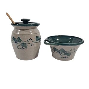 Great Bay Salt Glaze Pottery Green Ivy Honey Jar Dipper & Dipping 1 Handled Bowl